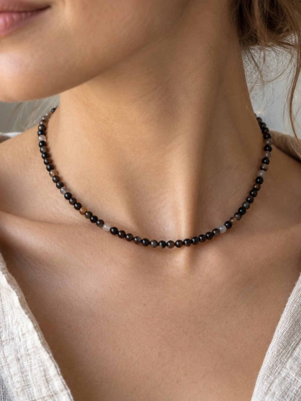 Dark Brown Agate 4.3mm Beaded Necklace Unisex